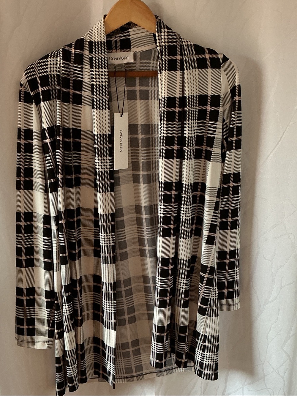 Calvin Klein Black and White Plaid Open-Front Cardigan